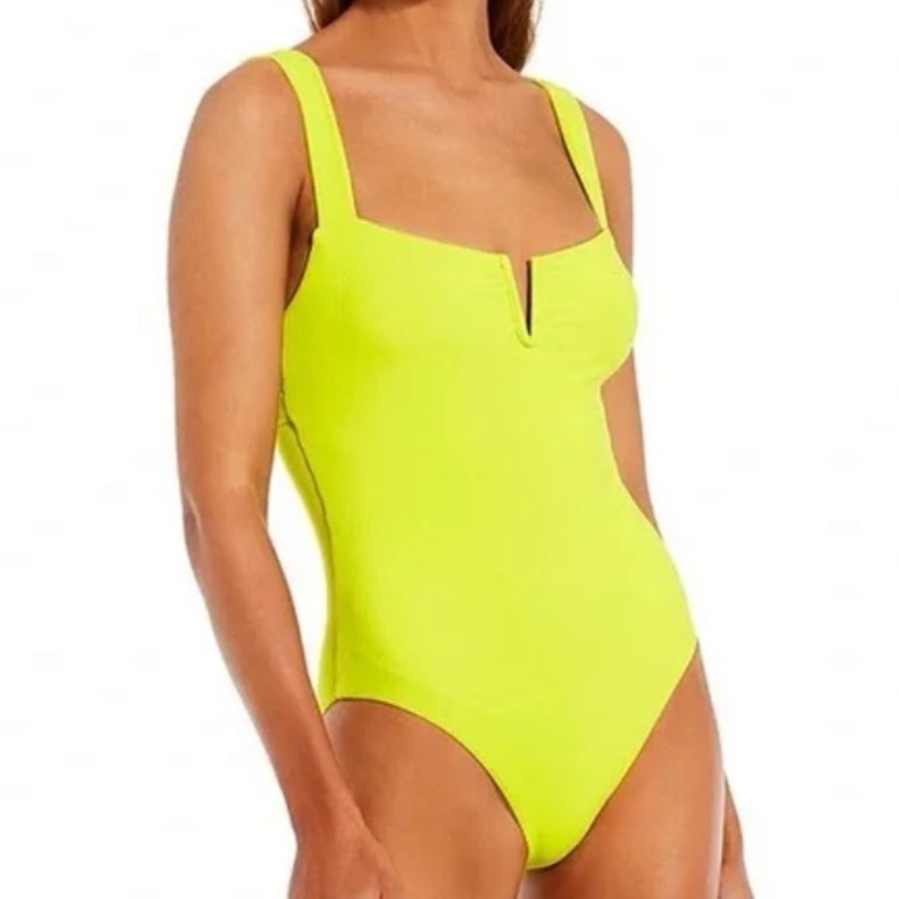 Kona Sol Bright Yellow Green Split Neck One Piece Swimsuit Womens S/M NEW